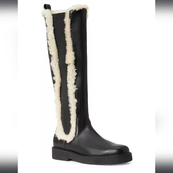 NWT$495 STAUD Women's Palamino Shearling Trim Black Cream Riding Boots Sz 36, 6 - Picture 3 of 16
